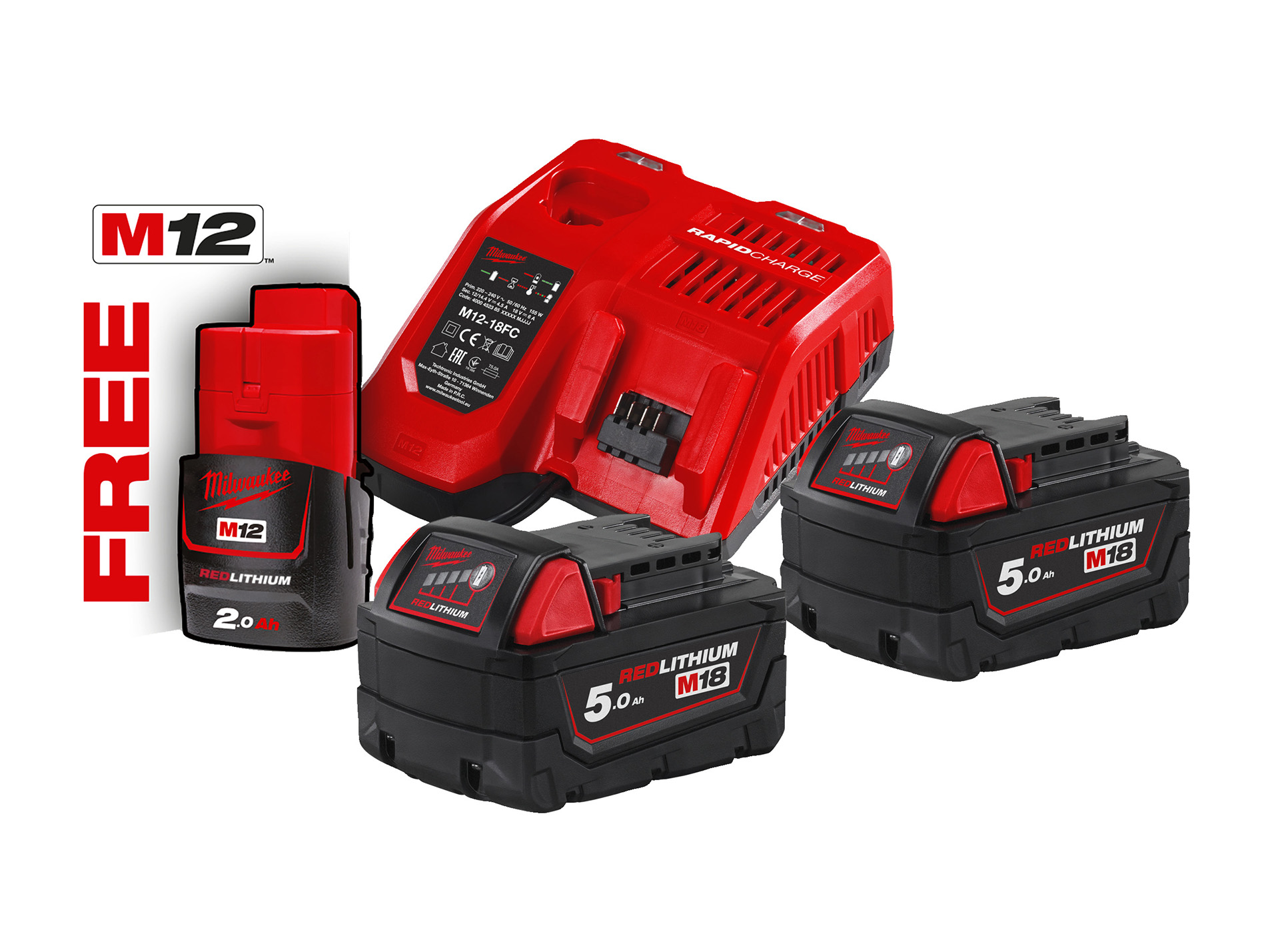 Pack batteries MILWAUKEE M18 NRG 502 5ah x2 + M12 2ah + chargeur